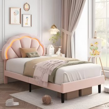 Twin Upholstered LED Bed Frame: Smart Lights + Slats